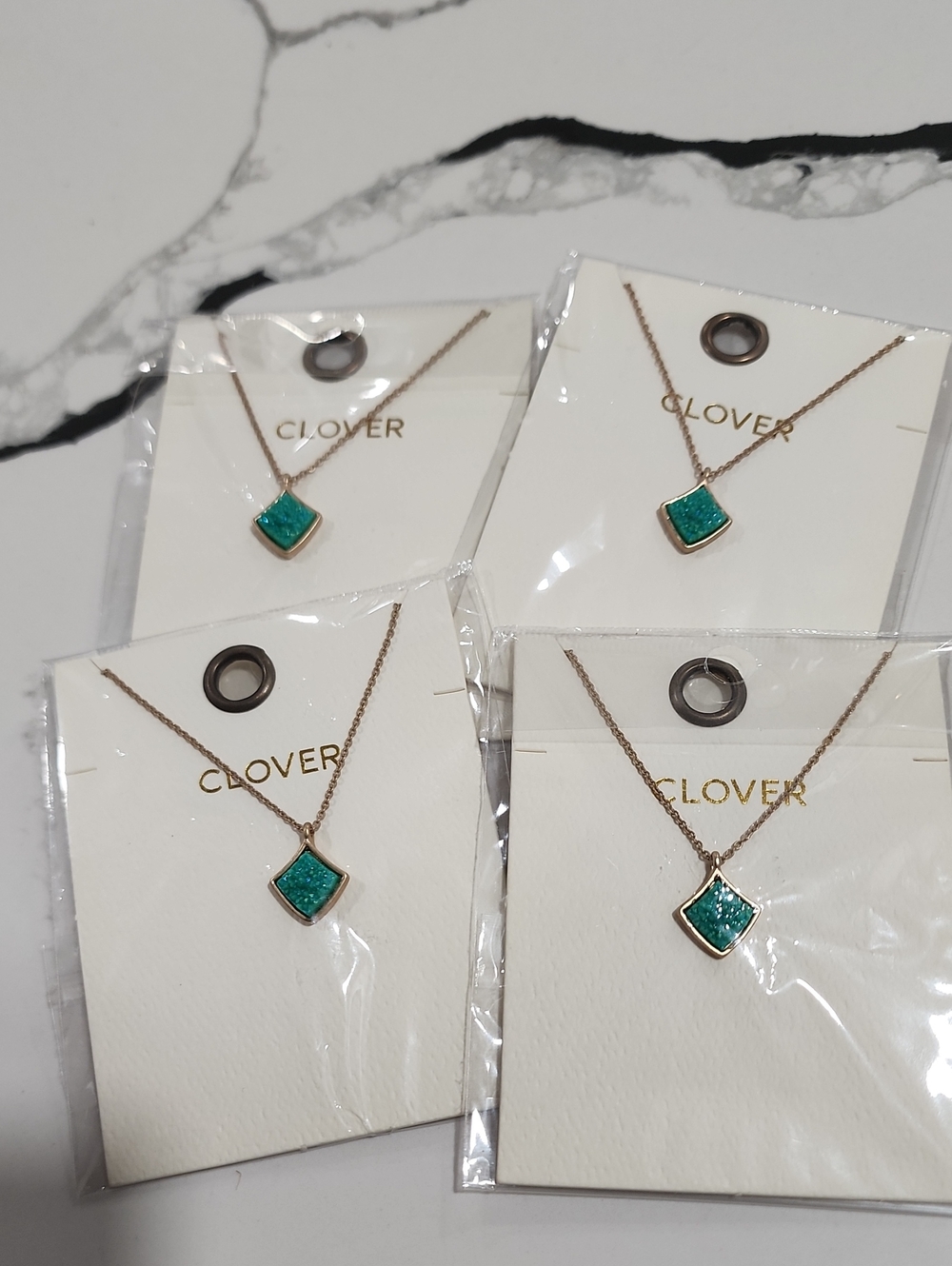 One Clover Gold Necklace with Teal Pendant New
